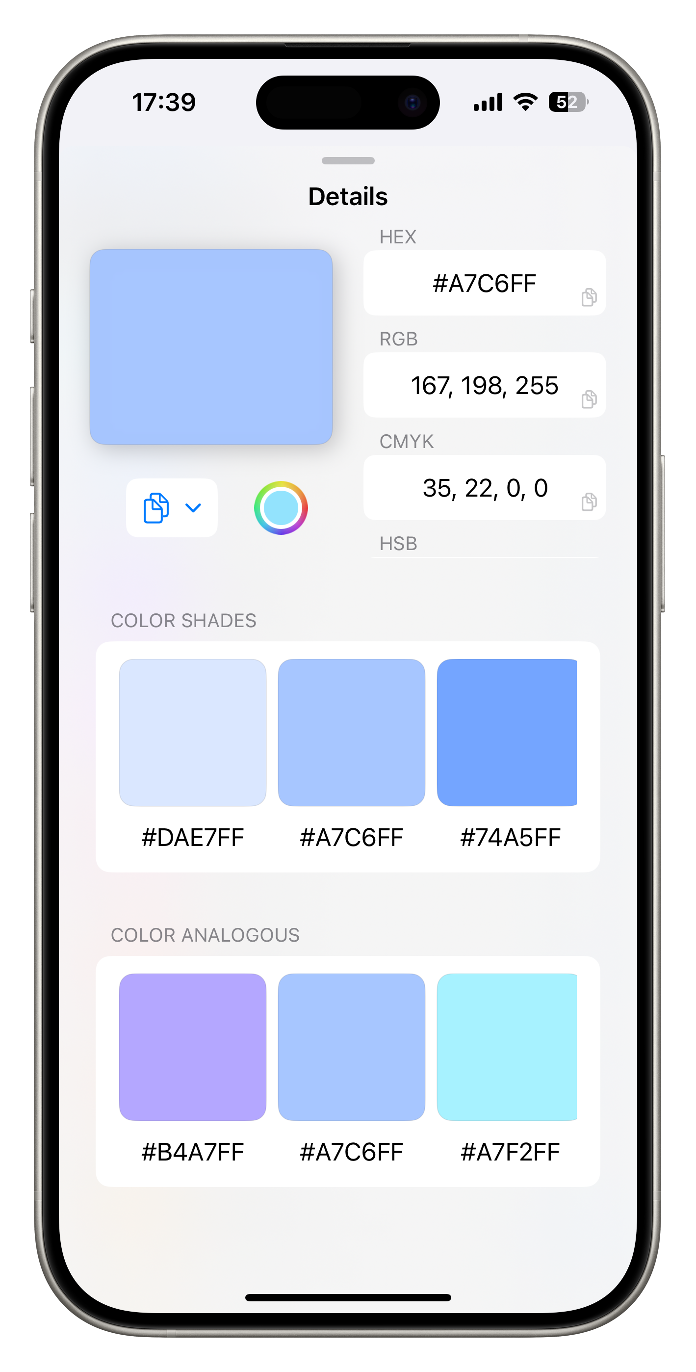 HueHouse real app color detail screen with shades and analogous colors
