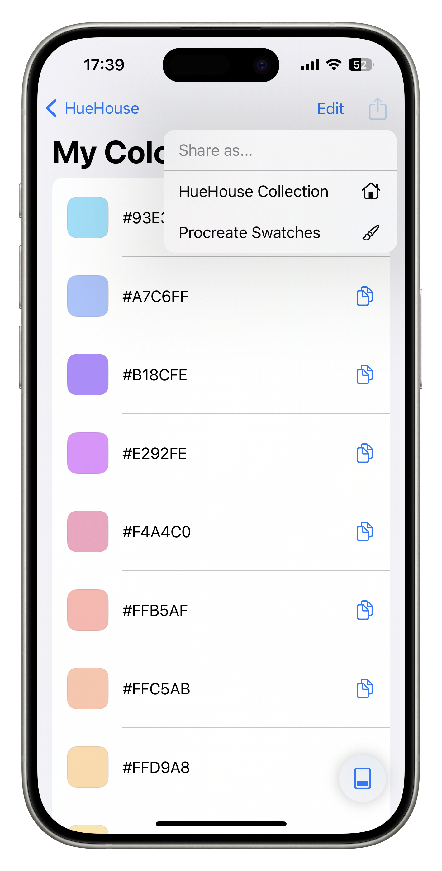 HueHouse export and import screen in the real app